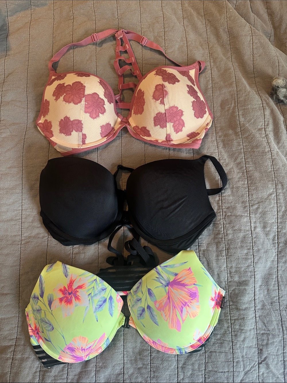 Women's Floral & Solid Push-Up Bra Set - Pink, Black, Yellow
